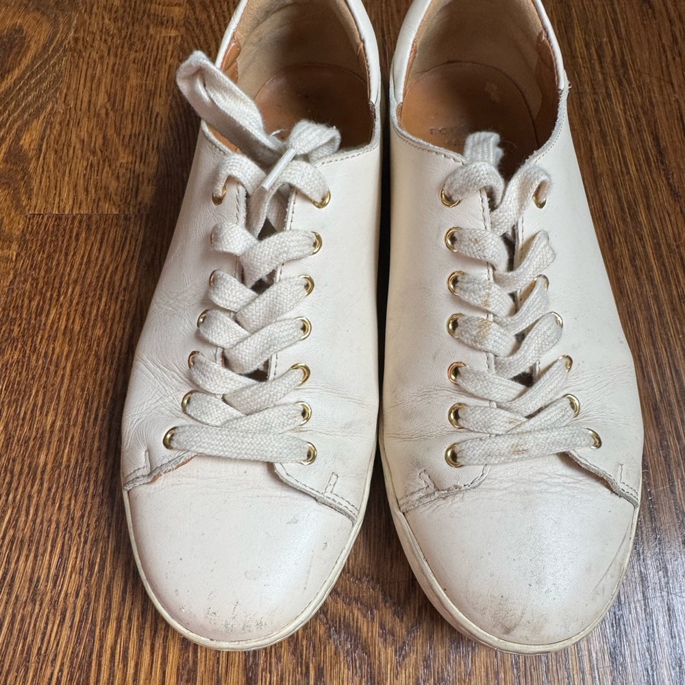 Cream Lace-Up Sneakers with Gold Eyelets